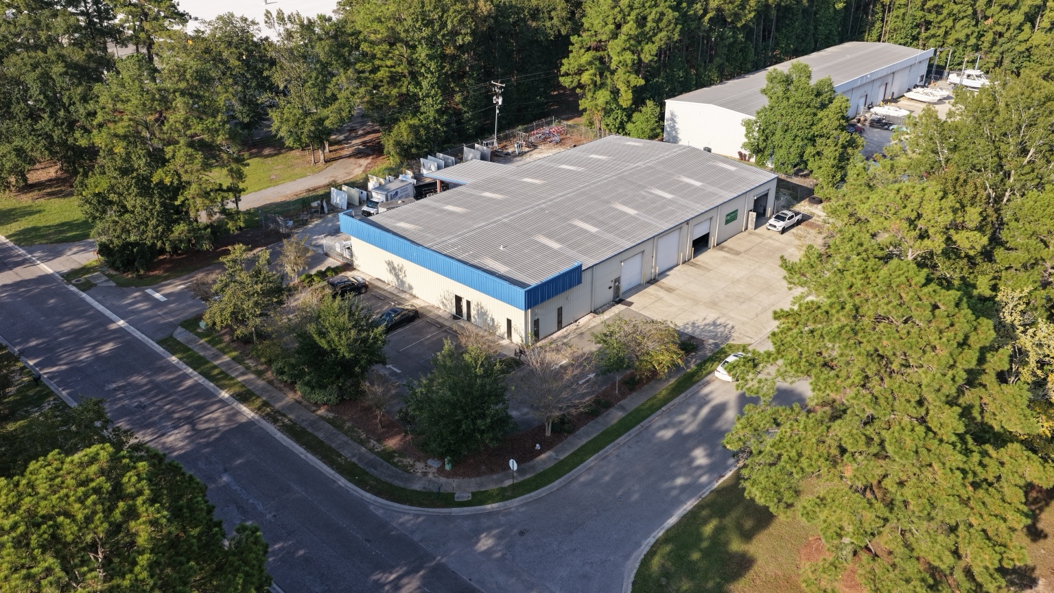 Aerial view of the building and surrounding access roads